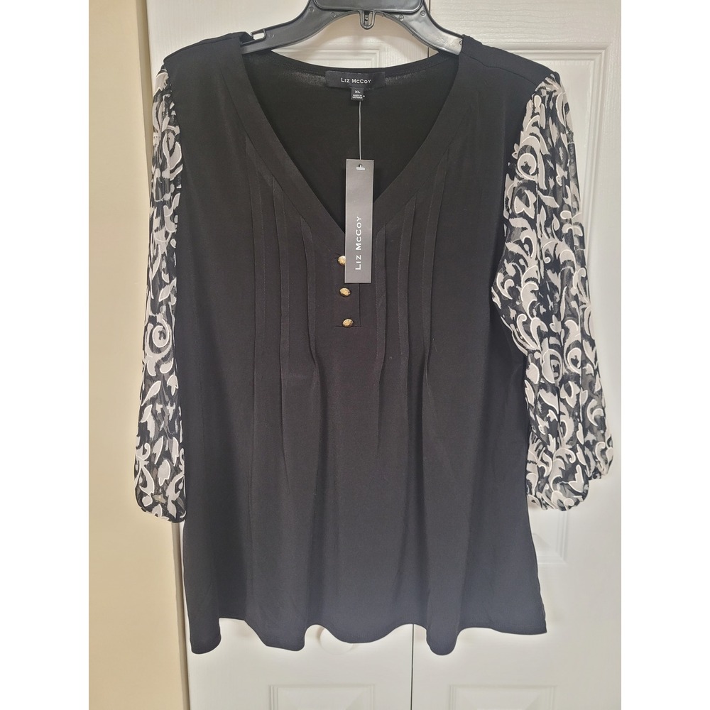 Liz McCoy Womens Black Pintuck Blouse Evening Damask Mesh Gold Buttons Size XL